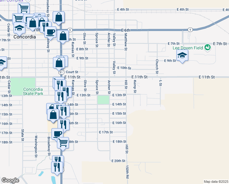 map of restaurants, bars, coffee shops, grocery stores, and more near 600-722 E 12th St in Concordia