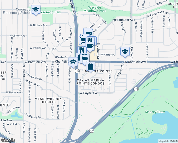 map of restaurants, bars, coffee shops, grocery stores, and more near South Upham Way in Littleton