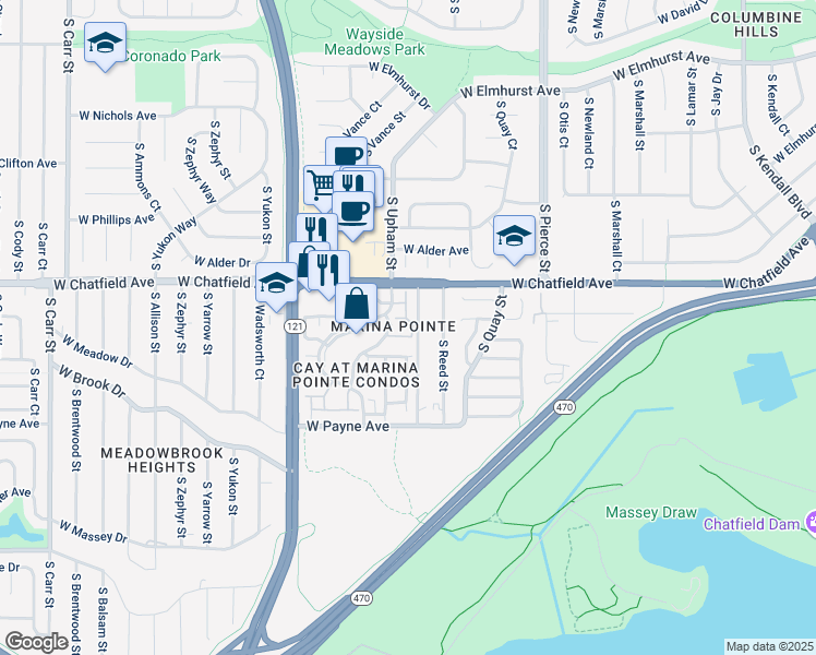 map of restaurants, bars, coffee shops, grocery stores, and more near 8318 South Upham Way in Littleton