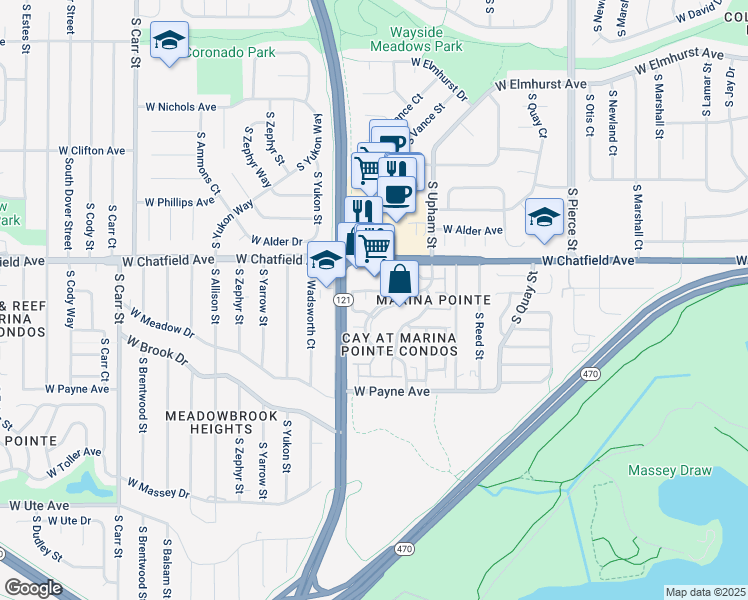 map of restaurants, bars, coffee shops, grocery stores, and more near 7444 West Chatfield Avenue in Littleton