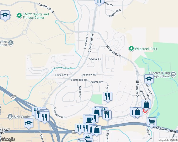map of restaurants, bars, coffee shops, grocery stores, and more near 3917 Clear Acre Lane in Reno