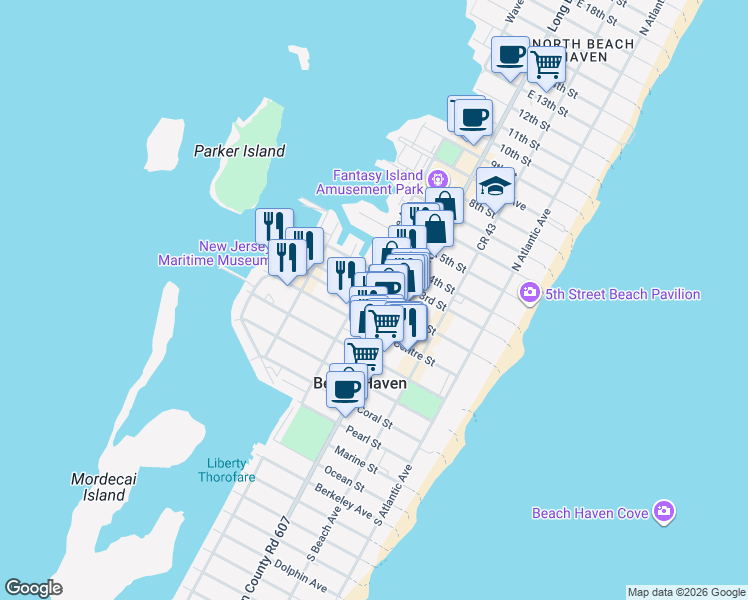 map of restaurants, bars, coffee shops, grocery stores, and more near 401 2nd Street in Beach Haven