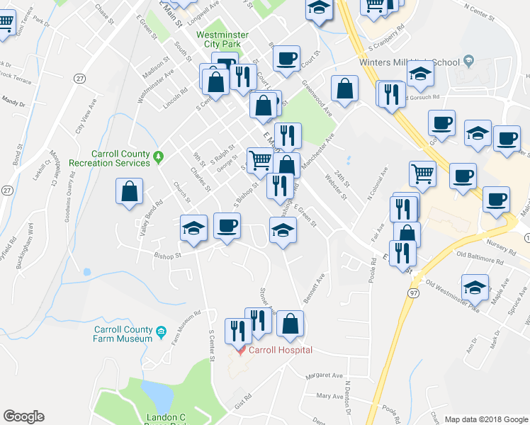 map of restaurants, bars, coffee shops, grocery stores, and more near 52 Carroll View Avenue in Westminster