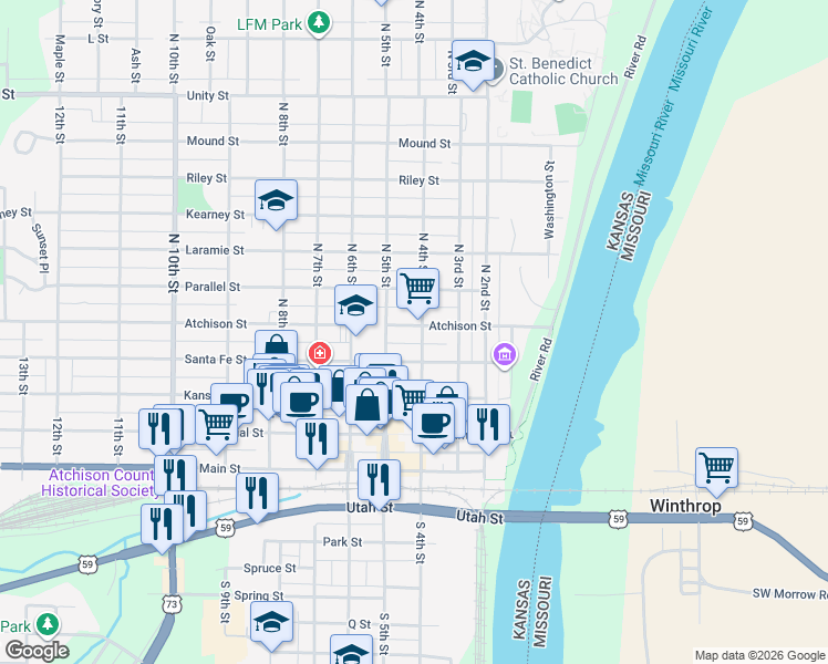 map of restaurants, bars, coffee shops, grocery stores, and more near 401 North 4th Street in Atchison