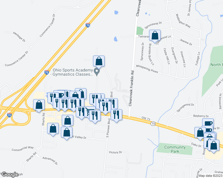 map of restaurants, bars, coffee shops, grocery stores, and more near 238 North Pioneer Boulevard in Springboro