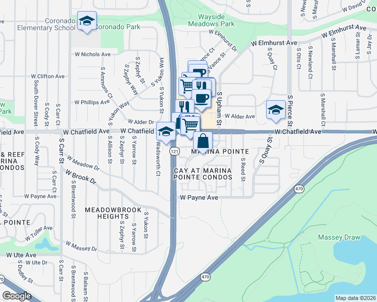 map of restaurants, bars, coffee shops, grocery stores, and more near 7444 West Chatfield Avenue in Littleton