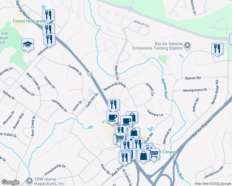 map of restaurants, bars, coffee shops, grocery stores, and more near 1709 Chrisara Court in Forest Hill