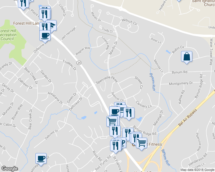 map of restaurants, bars, coffee shops, grocery stores, and more near 1709 Chrisara Court in Forest Hill