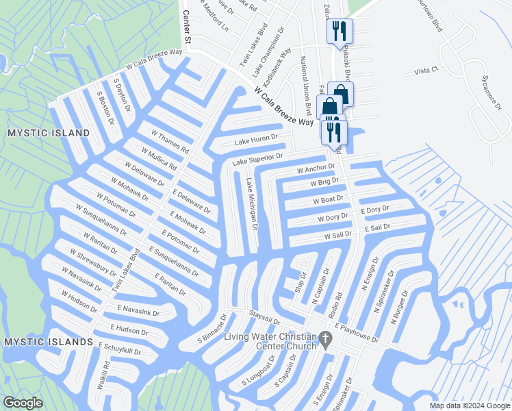 map of restaurants, bars, coffee shops, grocery stores, and more near 27 Lake Michigan Drive in Tuckerton