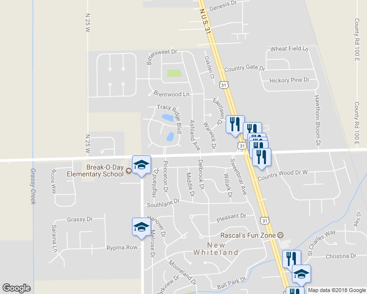 map of restaurants, bars, coffee shops, grocery stores, and more near 44 Poplar Court in Whiteland