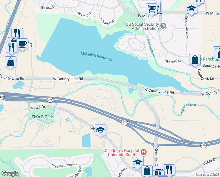 map of restaurants, bars, coffee shops, grocery stores, and more near 2195 Primo Road in Highlands Ranch