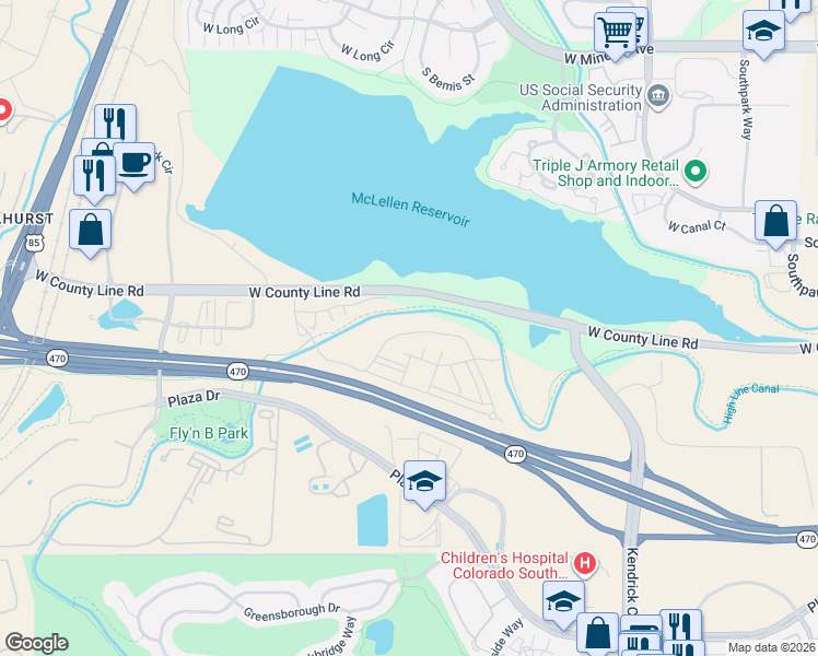 map of restaurants, bars, coffee shops, grocery stores, and more near 2229 Primo Road in Highlands Ranch