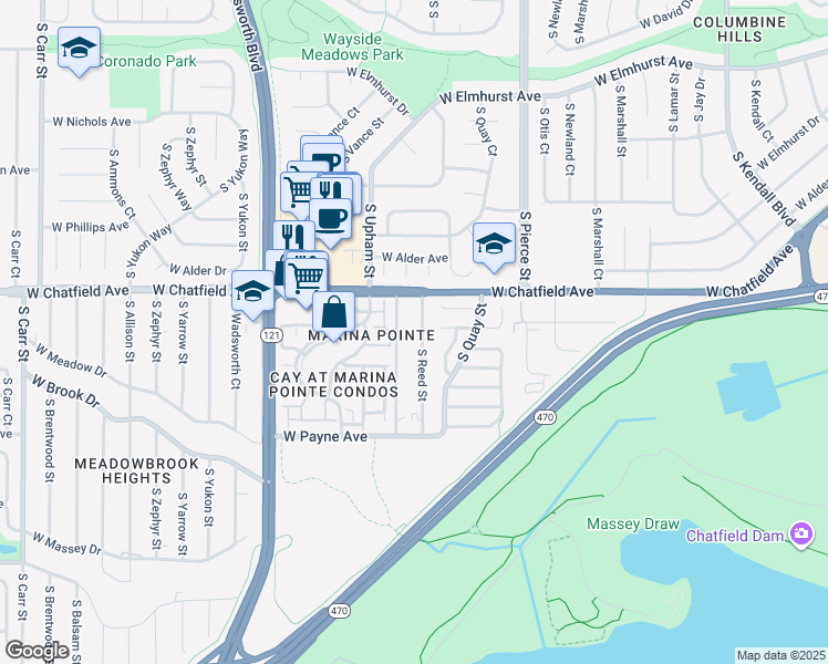 map of restaurants, bars, coffee shops, grocery stores, and more near 8326 South Reed Street in Littleton