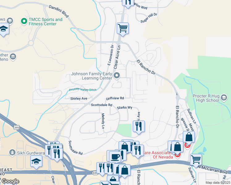 map of restaurants, bars, coffee shops, grocery stores, and more near 3917 Clear Acre Lane in Reno
