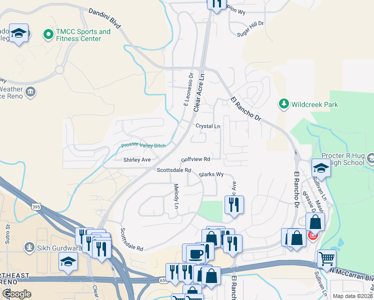 map of restaurants, bars, coffee shops, grocery stores, and more near 3917 Clear Acre Lane in Reno