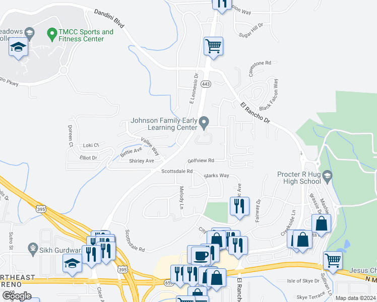 map of restaurants, bars, coffee shops, grocery stores, and more near 3810 East Leonesio Drive in Reno