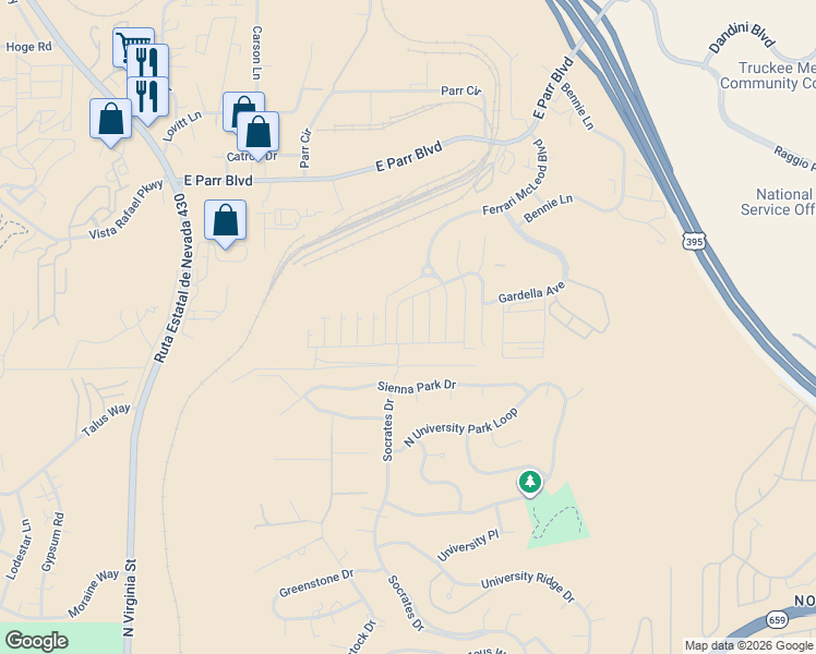 map of restaurants, bars, coffee shops, grocery stores, and more near 3671 Remington Park Drive in Reno