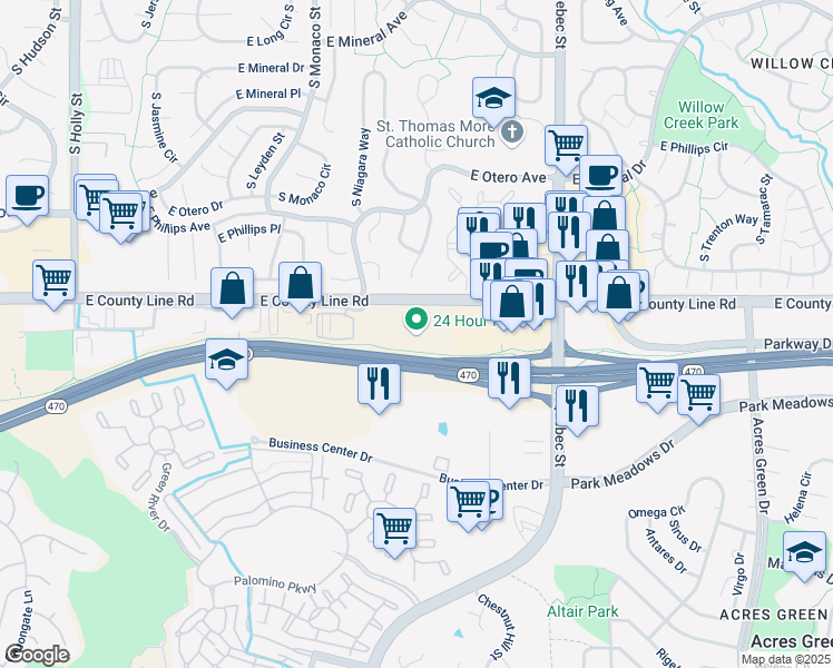 map of restaurants, bars, coffee shops, grocery stores, and more near 6830 E County Line Rd in Littleton