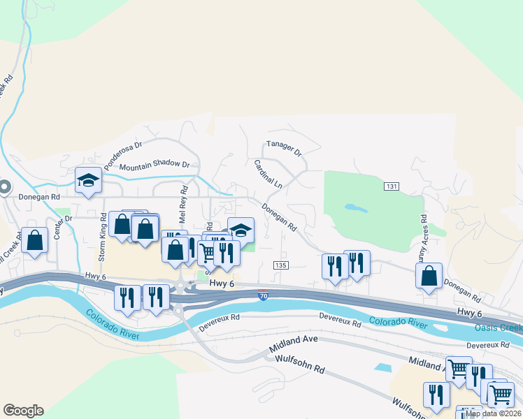 map of restaurants, bars, coffee shops, grocery stores, and more near 877 Donegan Road in Glenwood Springs