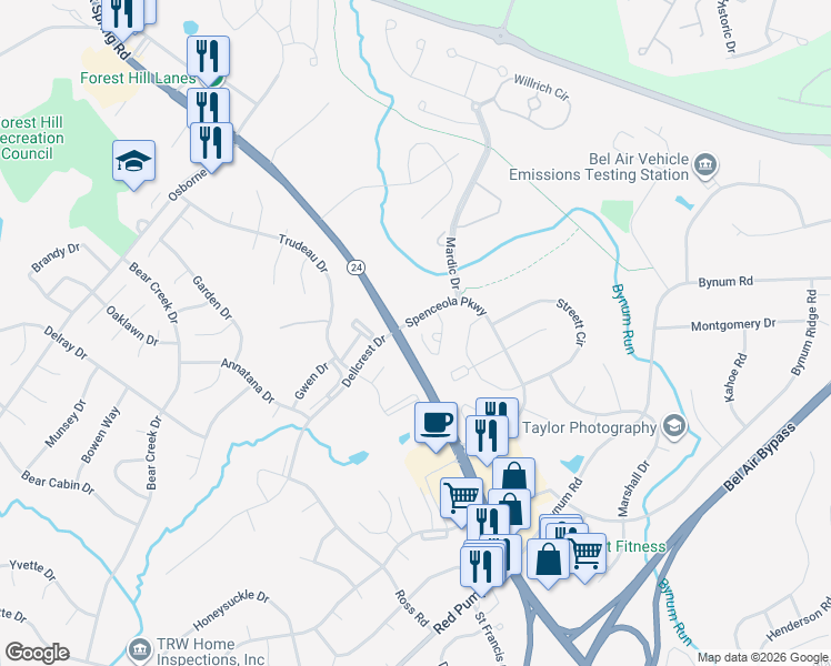 map of restaurants, bars, coffee shops, grocery stores, and more near 1704 Rich Way in Forest Hill