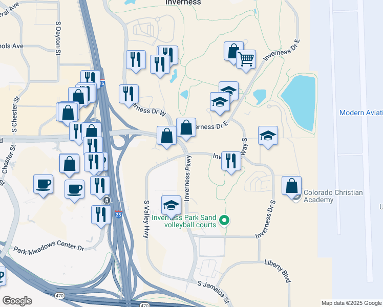 map of restaurants, bars, coffee shops, grocery stores, and more near 101 Inverness Way South in Englewood