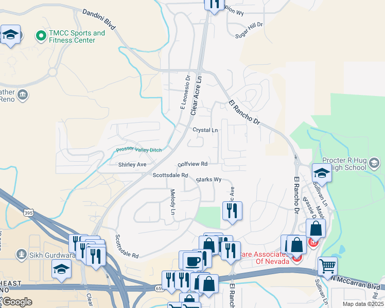 map of restaurants, bars, coffee shops, grocery stores, and more near 3917 Clear Acre Lane in Reno