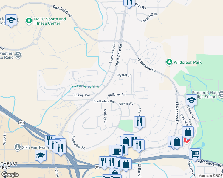 map of restaurants, bars, coffee shops, grocery stores, and more near 3917 Clear Acre Lane in Reno