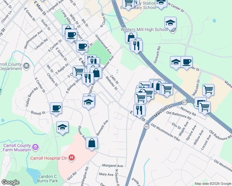 map of restaurants, bars, coffee shops, grocery stores, and more near 27th Saint Exd in Westminster