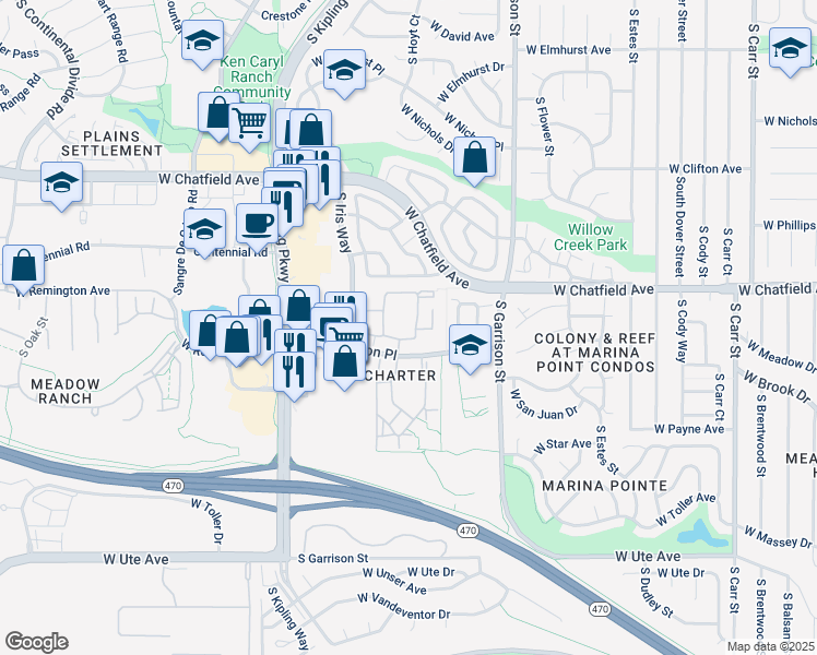 map of restaurants, bars, coffee shops, grocery stores, and more near 8329 South Independence Circle in Littleton