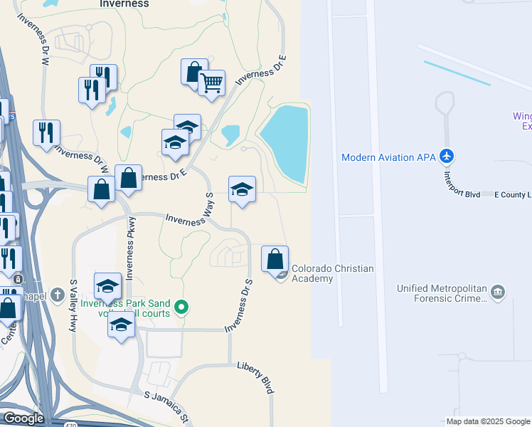 map of restaurants, bars, coffee shops, grocery stores, and more near 15 Inverness Way East in Englewood