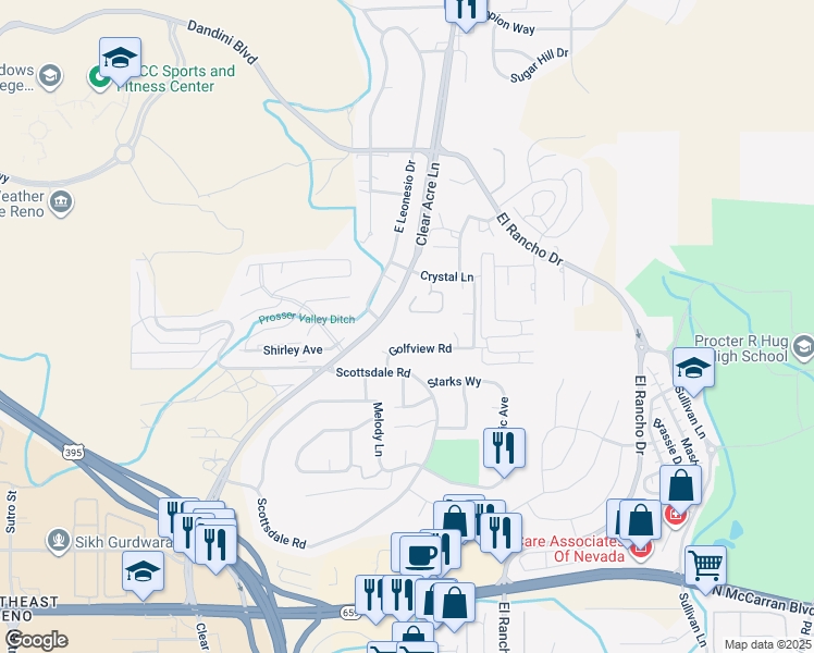 map of restaurants, bars, coffee shops, grocery stores, and more near 3915 Clear Acre Lane in Reno