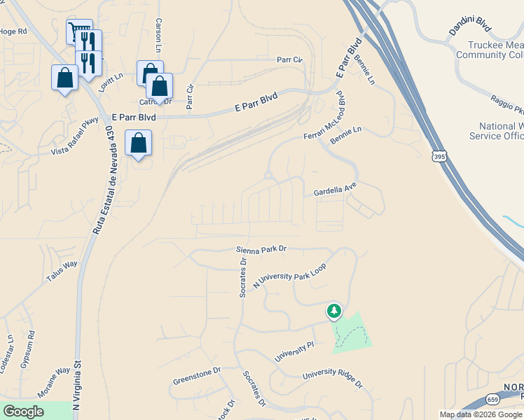 map of restaurants, bars, coffee shops, grocery stores, and more near 3671 Remington Park Drive in Reno