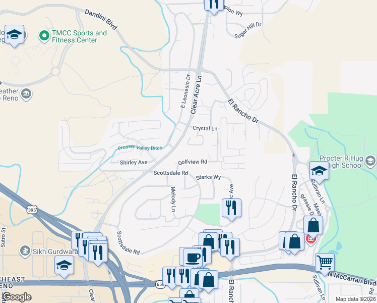 map of restaurants, bars, coffee shops, grocery stores, and more near 3917 Clear Acre Lane in Reno