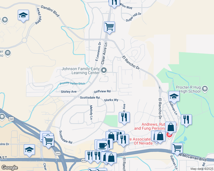 map of restaurants, bars, coffee shops, grocery stores, and more near 3929 Clear Acre Lane in Reno