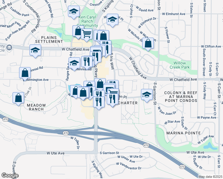 map of restaurants, bars, coffee shops, grocery stores, and more near 9895 West Remington Place in Littleton