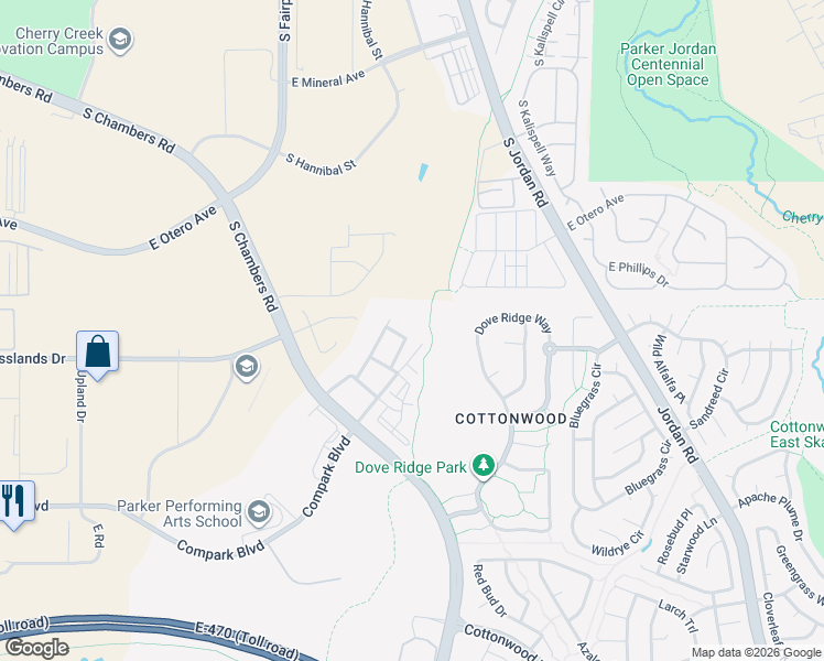 map of restaurants, bars, coffee shops, grocery stores, and more near 8344 Coopers Hawk Place in Parker