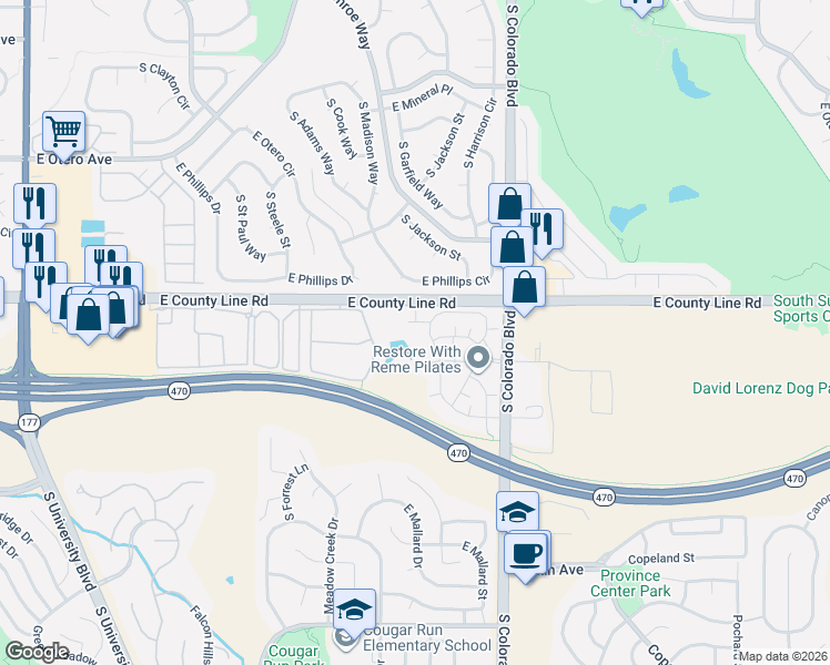 map of restaurants, bars, coffee shops, grocery stores, and more near 3701 East Cactus Creek Court in Littleton