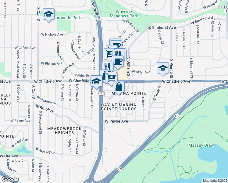 map of restaurants, bars, coffee shops, grocery stores, and more near 7444 West Chatfield Avenue in Littleton