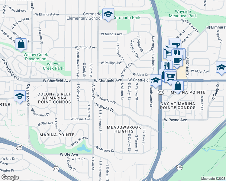 map of restaurants, bars, coffee shops, grocery stores, and more near 8342 South Balsam Street in Littleton