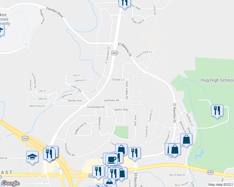 map of restaurants, bars, coffee shops, grocery stores, and more near 3937 Clear Acre Lane in Reno