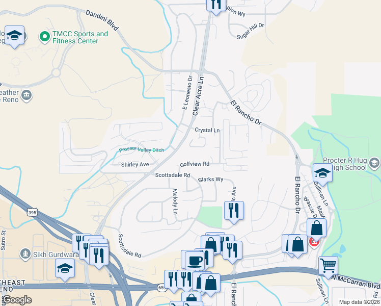 map of restaurants, bars, coffee shops, grocery stores, and more near 3917 Clear Acre Lane in Reno