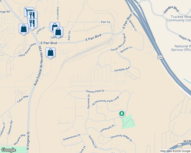 map of restaurants, bars, coffee shops, grocery stores, and more near 3671 Remington Park Drive in Reno