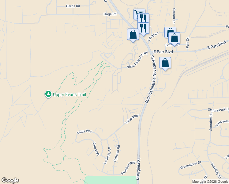 map of restaurants, bars, coffee shops, grocery stores, and more near 4110 Amber Marie Lane in Reno