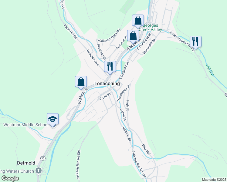 map of restaurants, bars, coffee shops, grocery stores, and more near 19 Union Street in Lonaconing