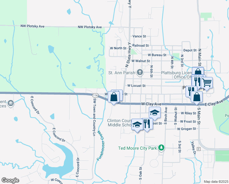 map of restaurants, bars, coffee shops, grocery stores, and more near 100 Redbird Street in Plattsburg
