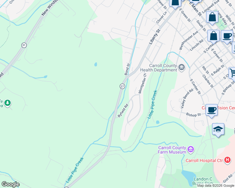 map of restaurants, bars, coffee shops, grocery stores, and more near 332 Ridge Road in Westminster