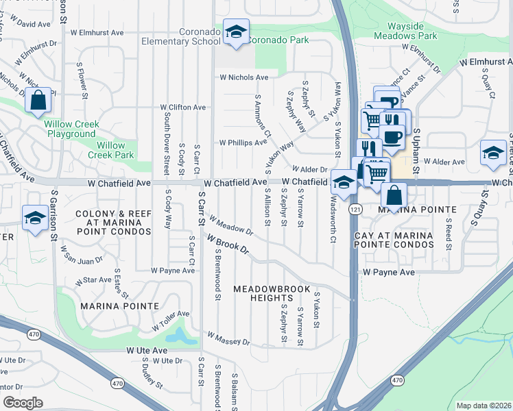 map of restaurants, bars, coffee shops, grocery stores, and more near 8350 South Ammons Street in Littleton