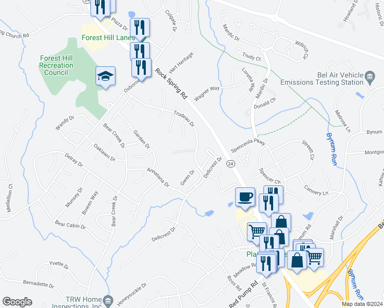 map of restaurants, bars, coffee shops, grocery stores, and more near 101 Paden Court in Forest Hill