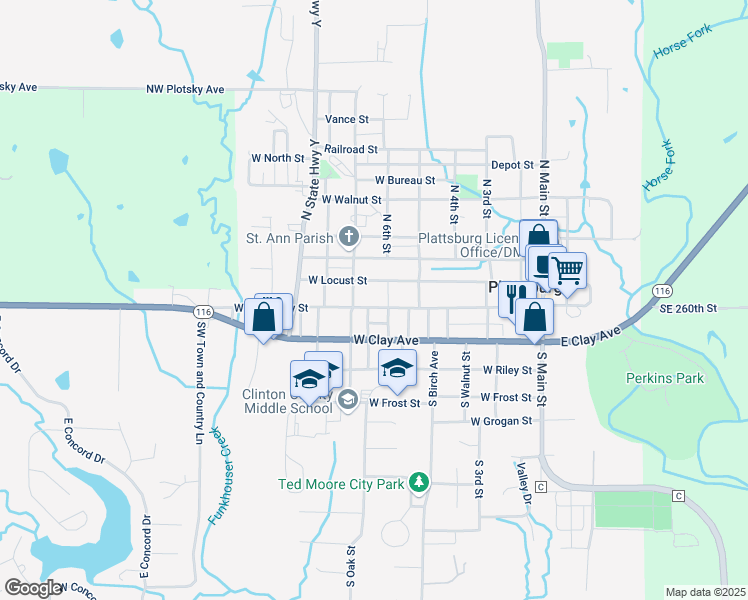 map of restaurants, bars, coffee shops, grocery stores, and more near 615 West Locust Street in Plattsburg