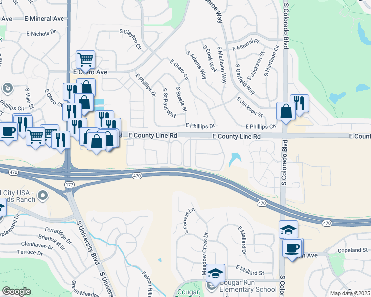 map of restaurants, bars, coffee shops, grocery stores, and more near 8405 Stonybridge Circle in Littleton